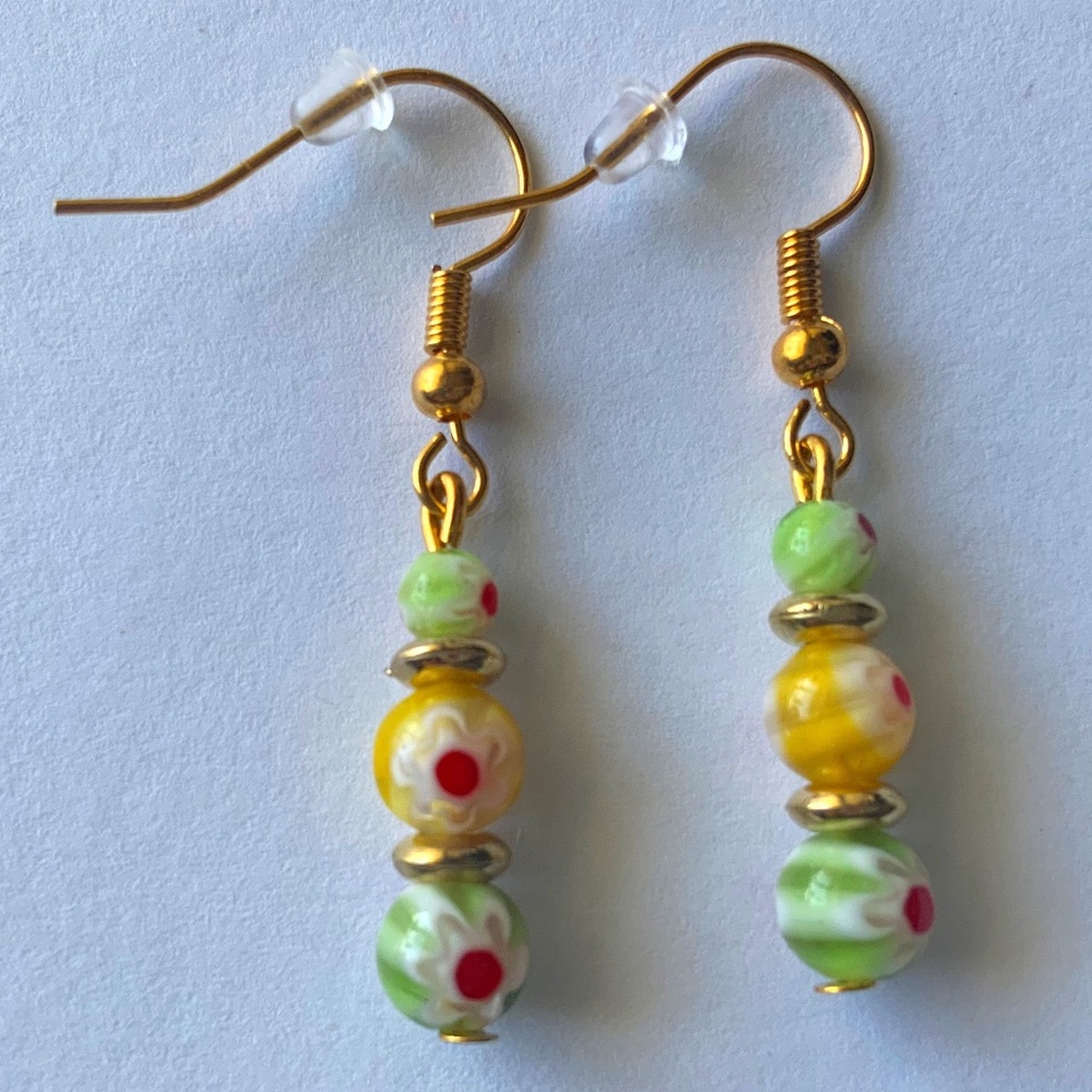Glass Flower Millefiori Beads Green & Yellow Dangle/Drop Boho Handmade Earrings